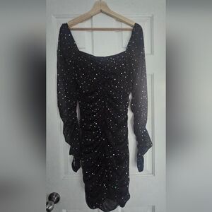 Black Ruched Sparkle Long Sleeve Dress